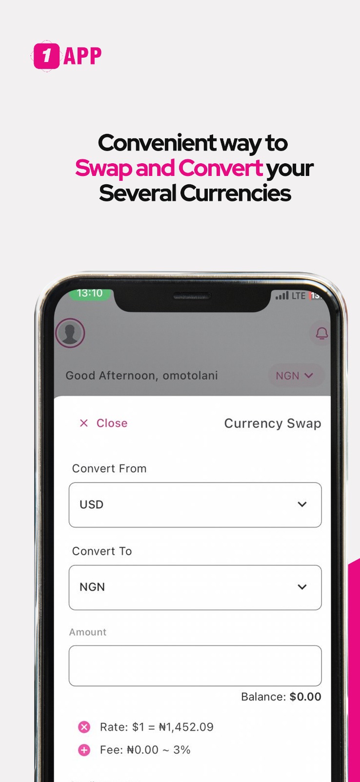 货币互换界面：选择 USD 转 NGN，显示汇率与费率